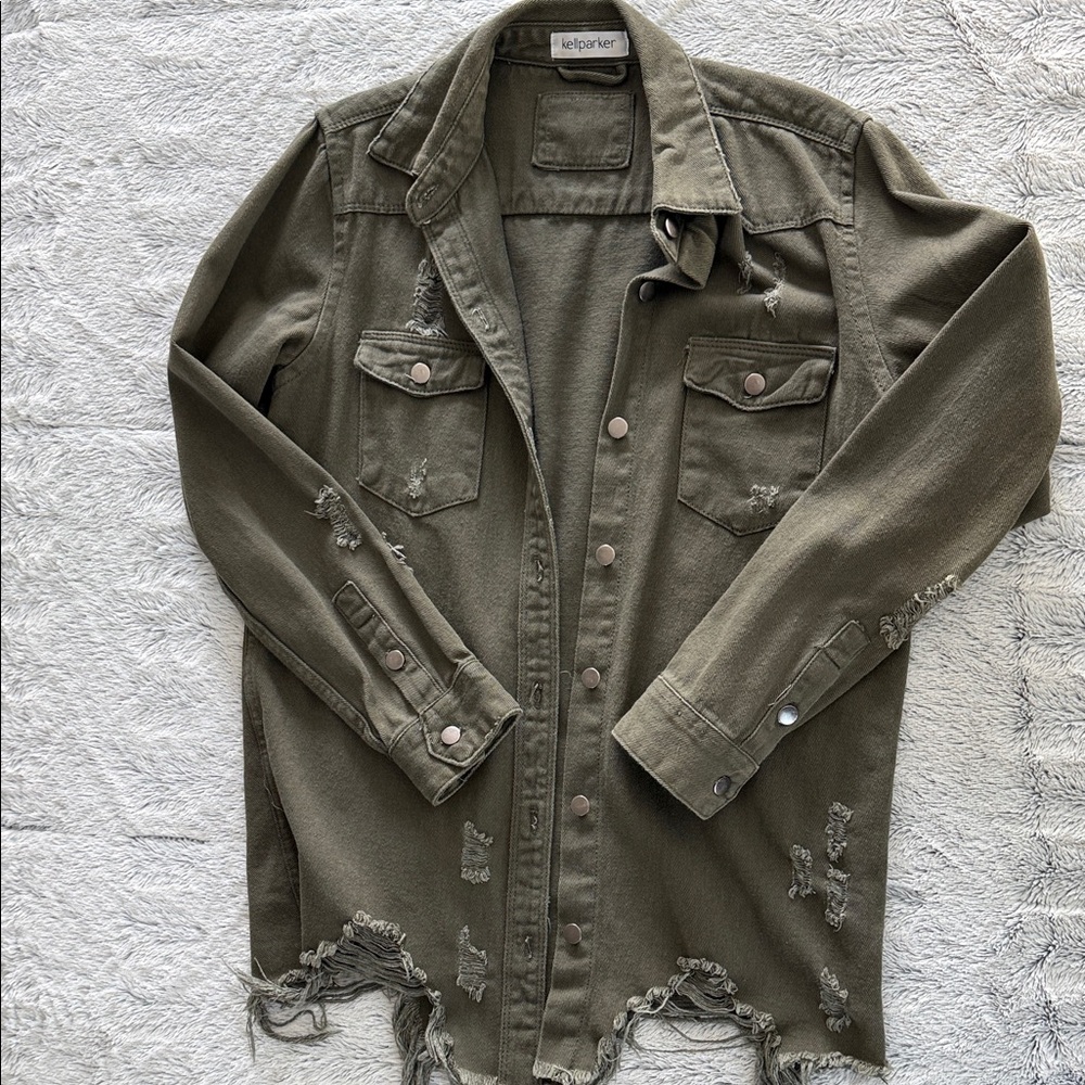 Olive Distressed Button-Up Jacket size small